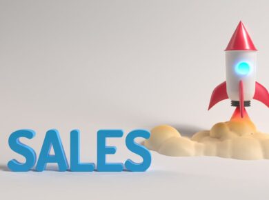 A 3D rocket launching next to the word 'Sales,' symbolizing the growth potential of content marketing.